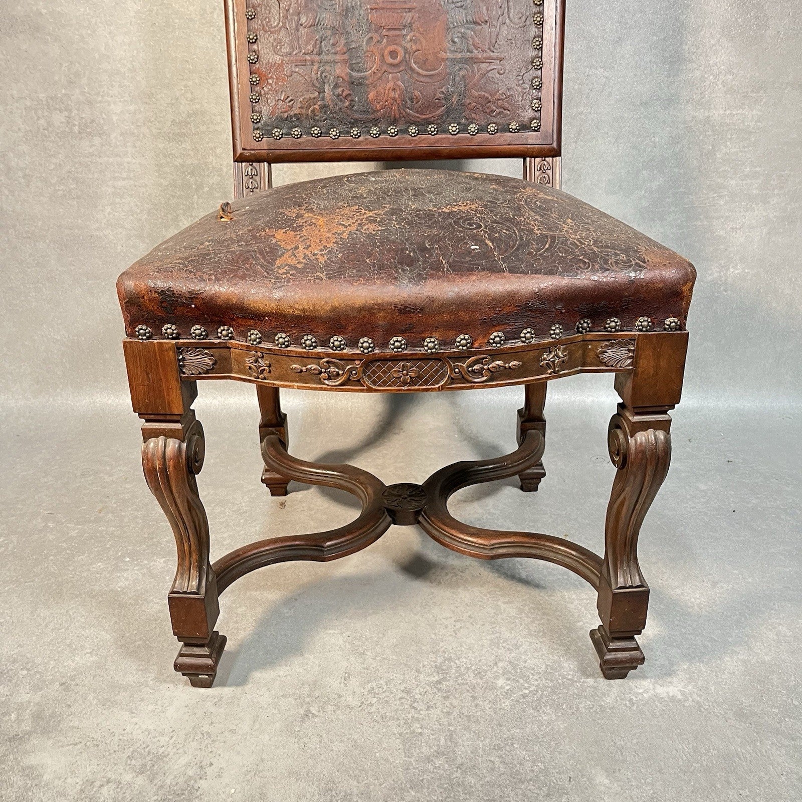 Antique Victorian Renaissance Revival Oak Hall Chair c.1880s Tooled Leather Seat