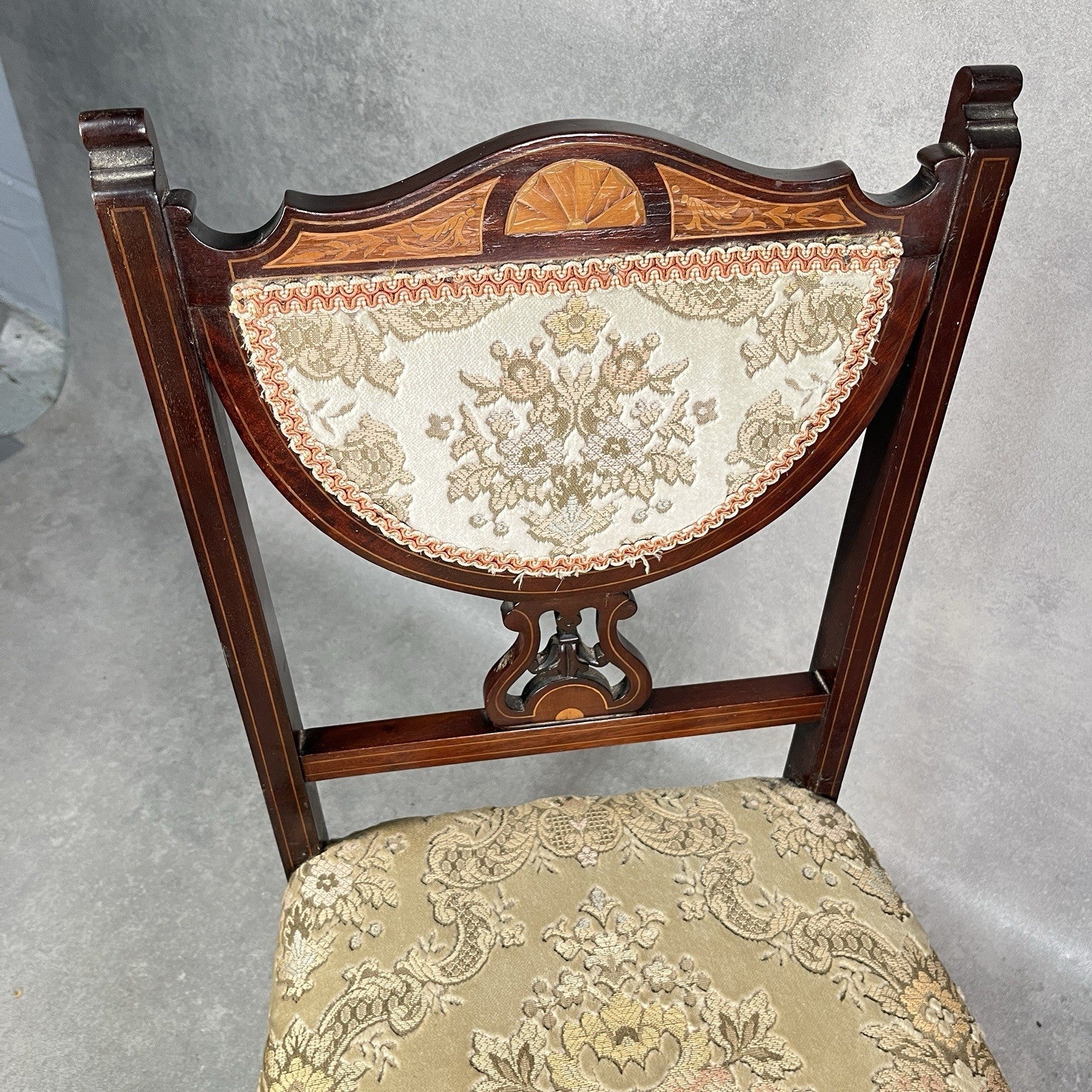 Edwardian Inlaid Mahogany Bedroom Chair | Satinwood Fan Motif | Floral Upholstery | Castors | c.1900 | Used