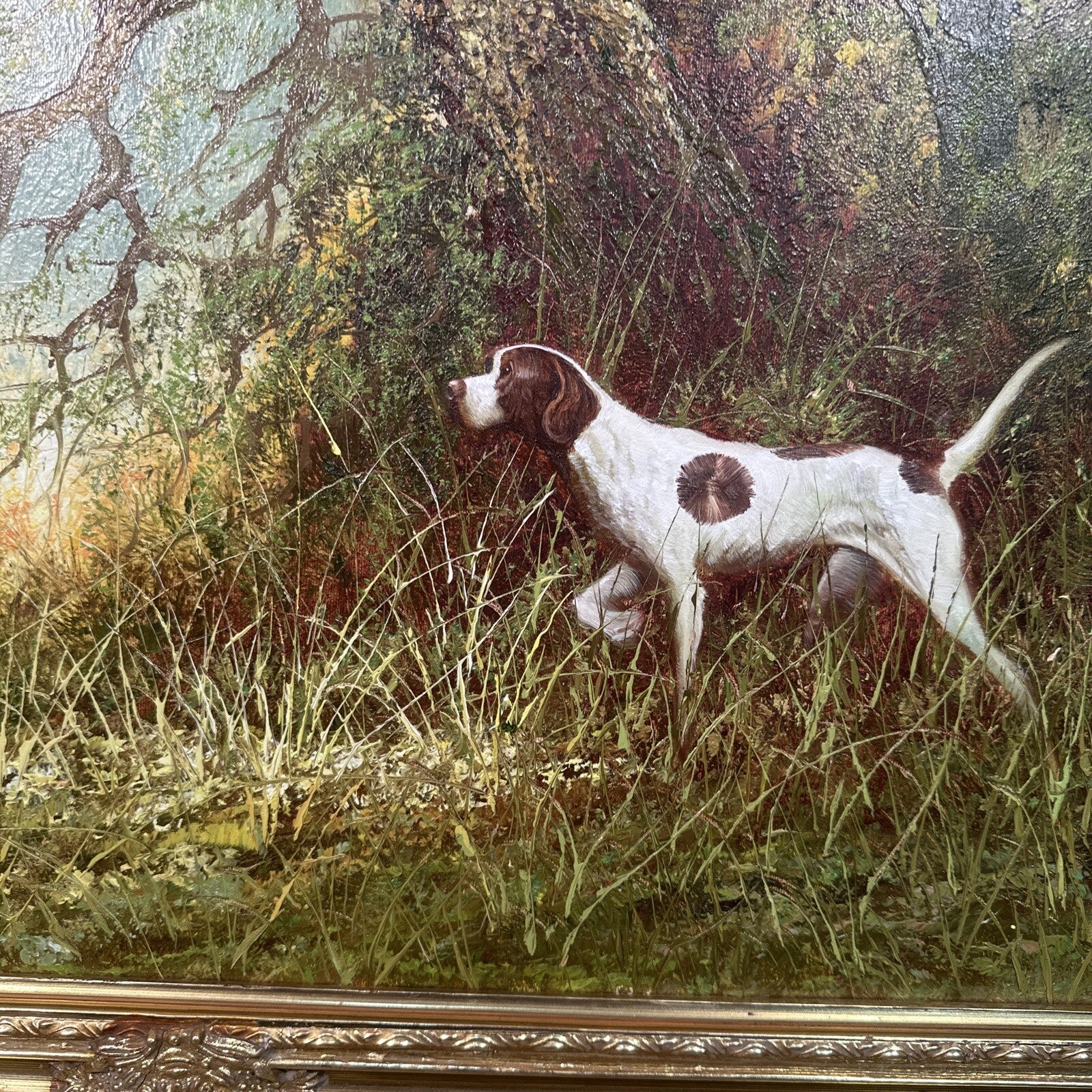 Large Signed Oil on Canvas Hunting Scene | Dog & Pheasants by L. Eiford | Framed | Vintage Art