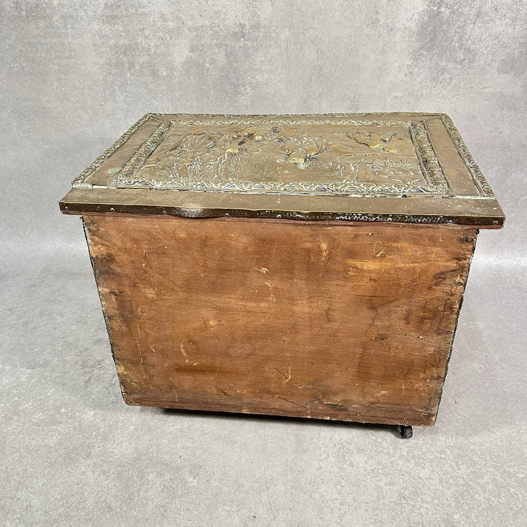 Vintage Embossed Brass Coal Box / Log Box - Tavern & Hunting Scenes - Victorian/Edwardian Style - Used