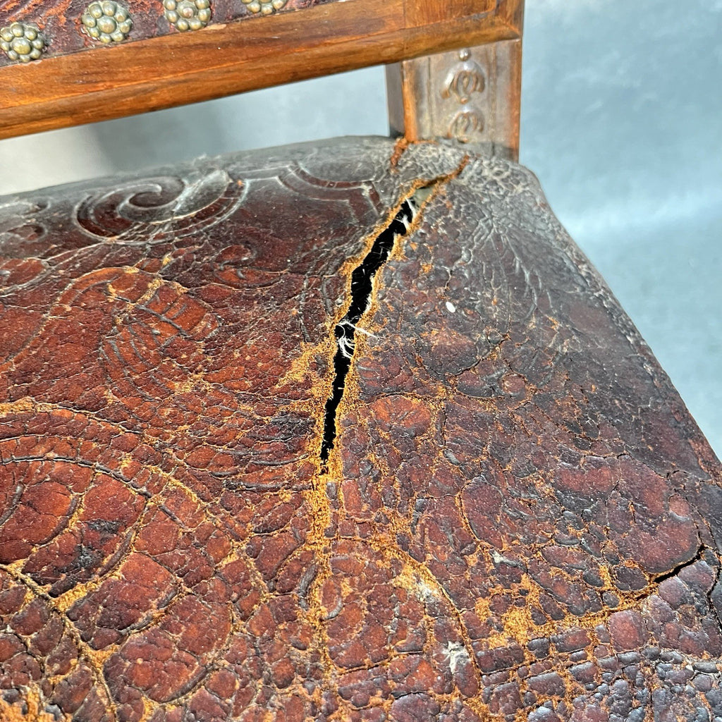 Antique Victorian Renaissance Revival Oak Hall Chair | Tooled Leather Seat & Back | c.1880s | Used