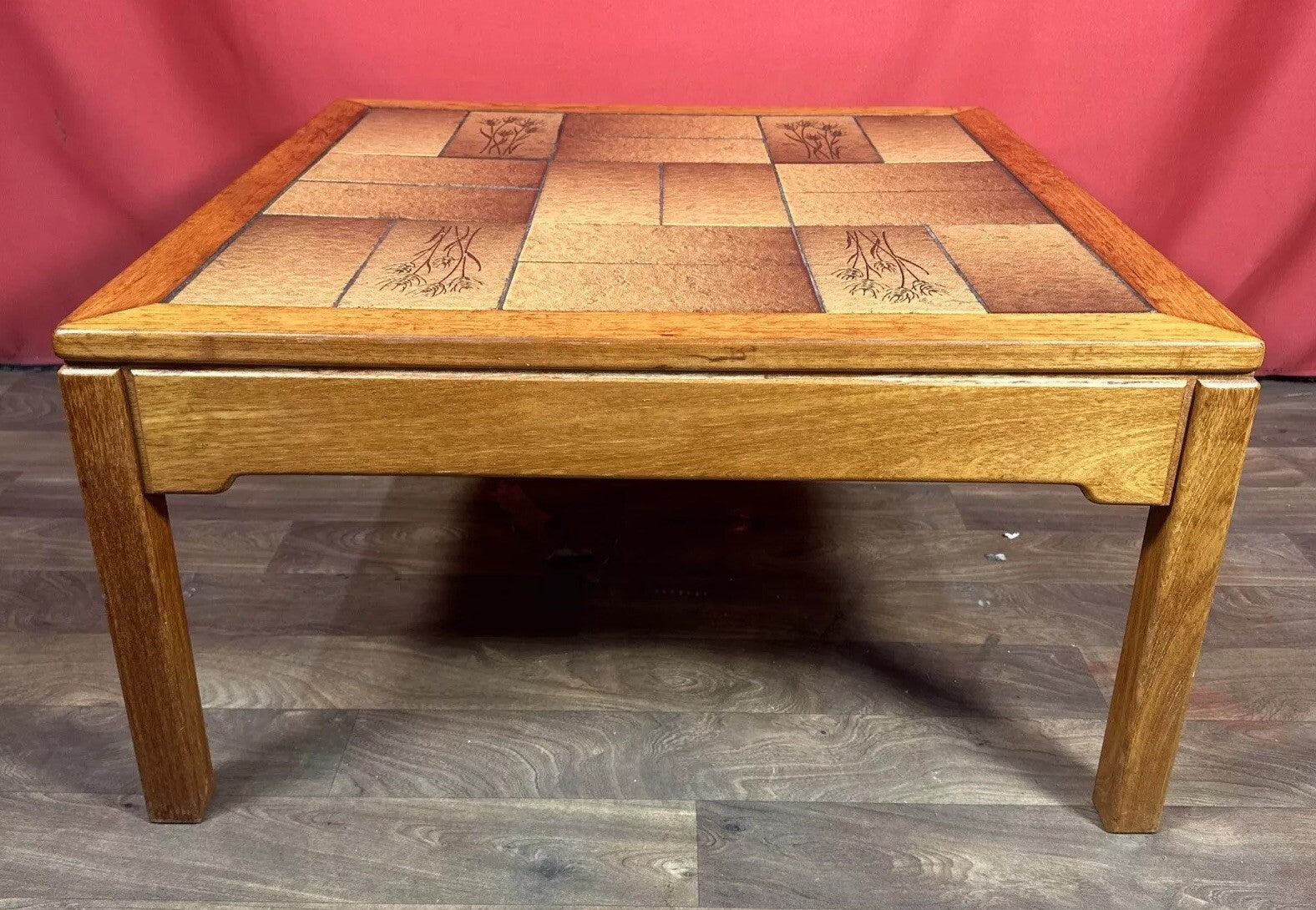 Vintage Danish Mid-Century Coffee Table | Square Teak Frame with Floral Tiled Top