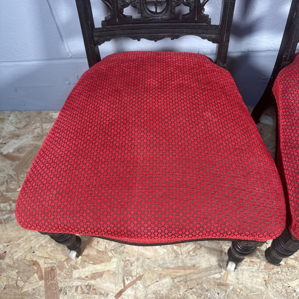 Pair of Antique Carved Nursing Chairs | Black Painted | Red Upholstery | Castors