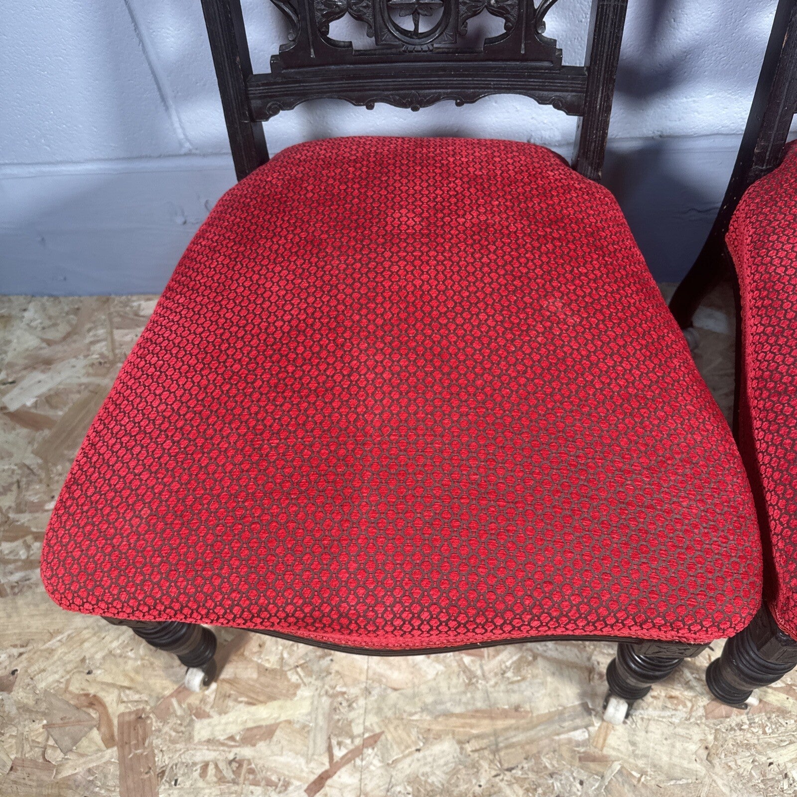 Pair of Antique Carved Nursing Chairs | Black Painted | Red Upholstery | Castors