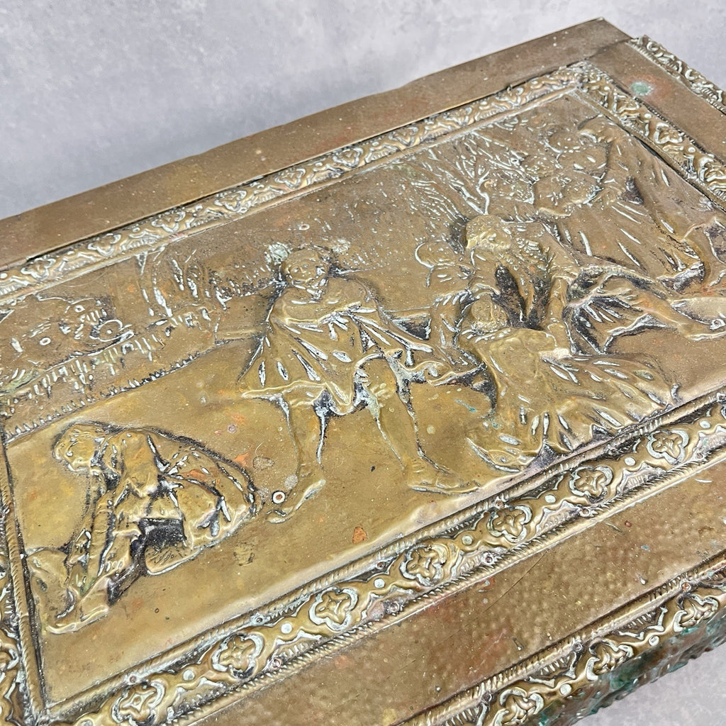 Vintage Embossed Brass Coal Box / Log Box - Tavern & Hunting Scenes - Victorian/Edwardian Style - Used