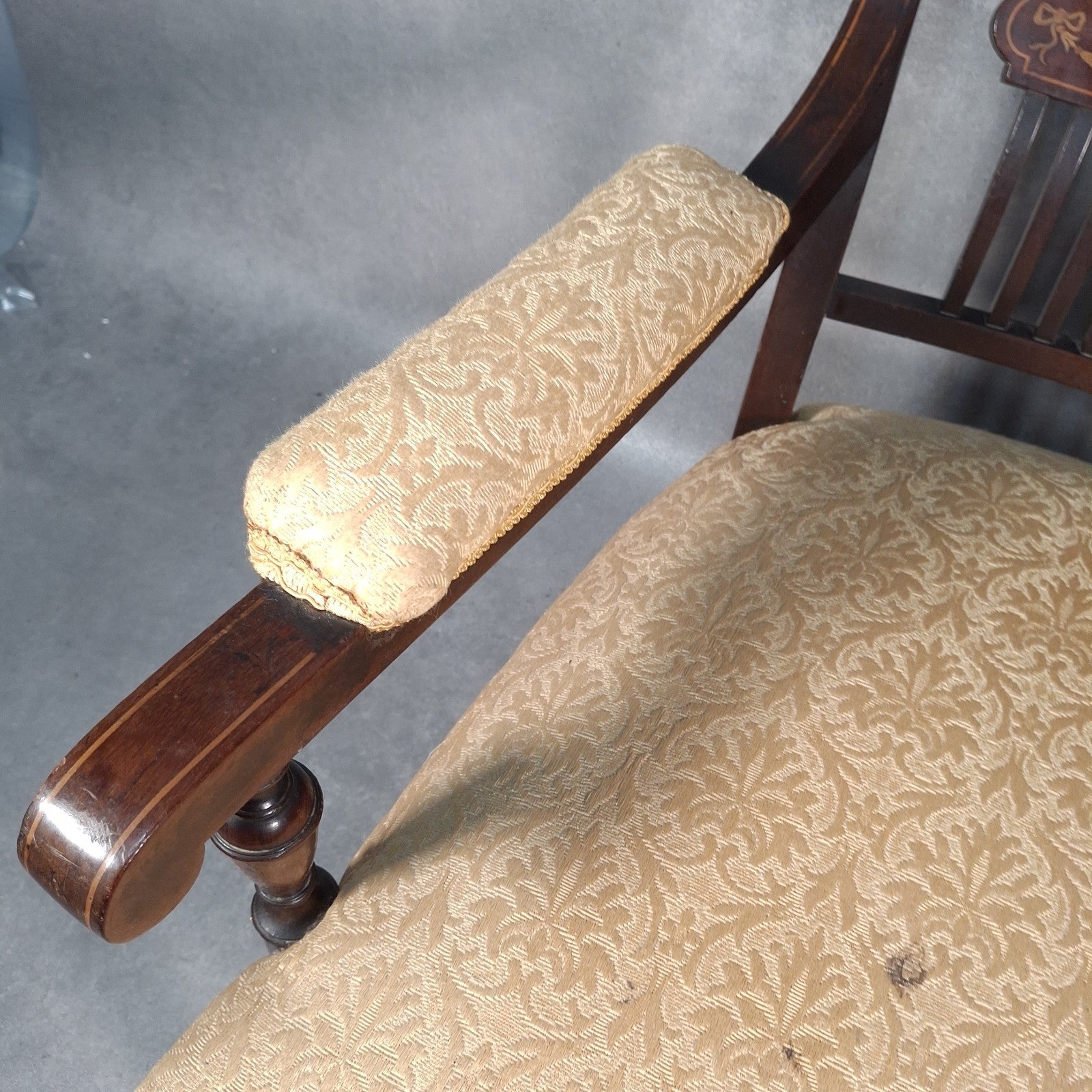 Edwardian Mahogany Elbow Armchair | Inlaid Back | Cut-Down Legs | Restoration Project | Used