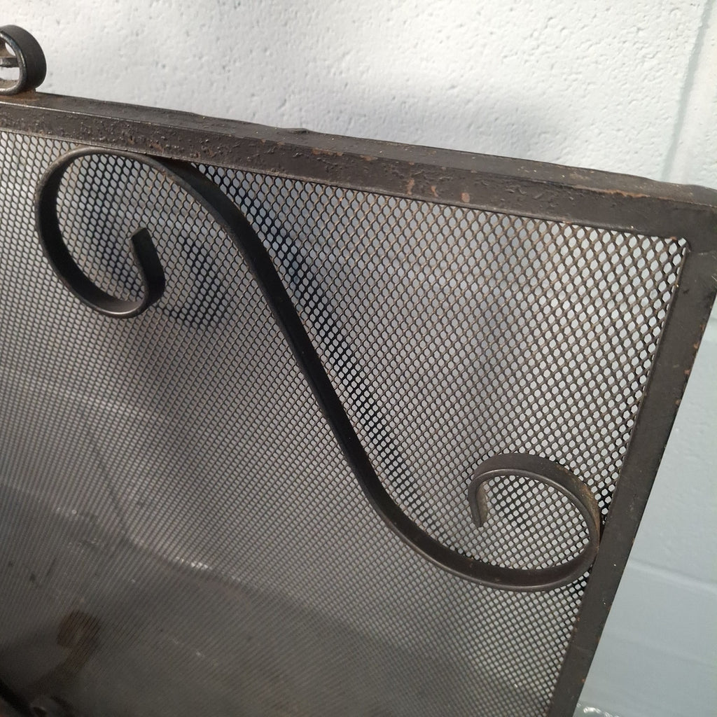 Vintage Wrought Iron Fire Spark Guard Screen with Scroll Decoration – Dark Bronze, 63cm x 58cm | Used