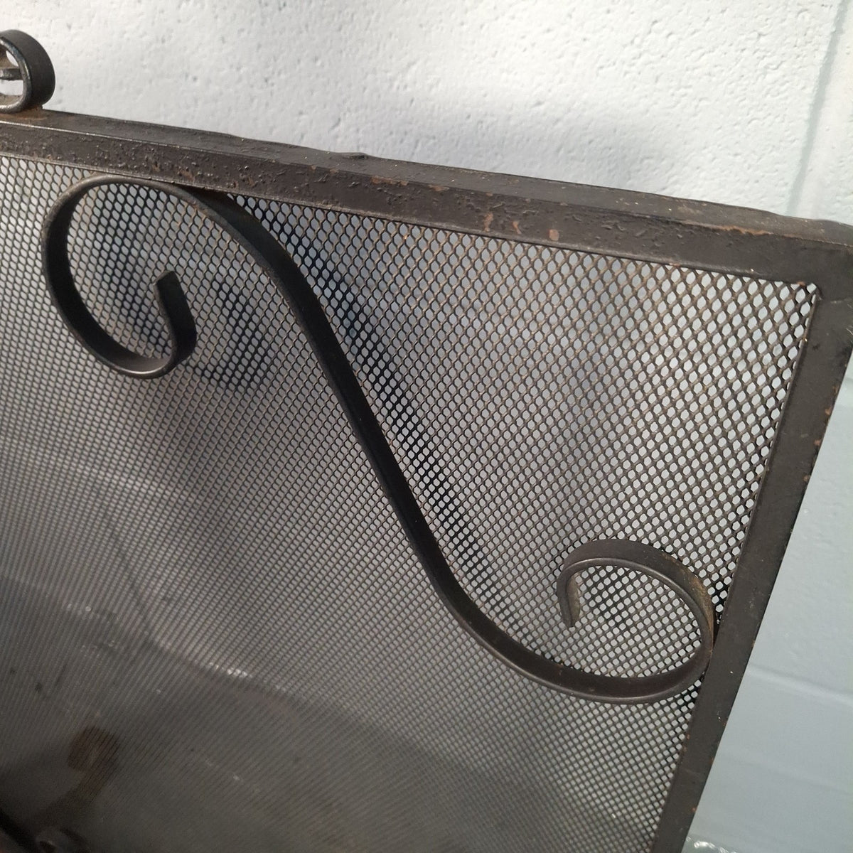 Vintage Wrought Iron Fire Spark Guard Screen with Scroll Decoration – Dark Bronze, 63cm x 58cm | Used