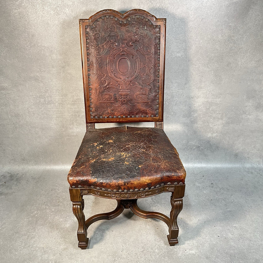 Antique Victorian Renaissance Revival Oak Hall Chair c.1880s Tooled Leather Seat