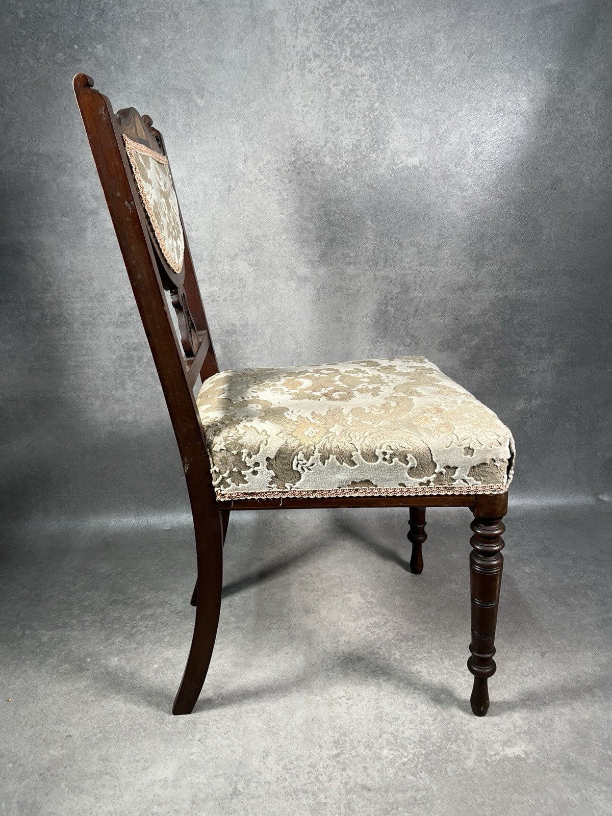 Edwardian Inlaid Mahogany Chair | Satinwood Fan Motif | Floral Upholstery | c.1900 | Antique | Used