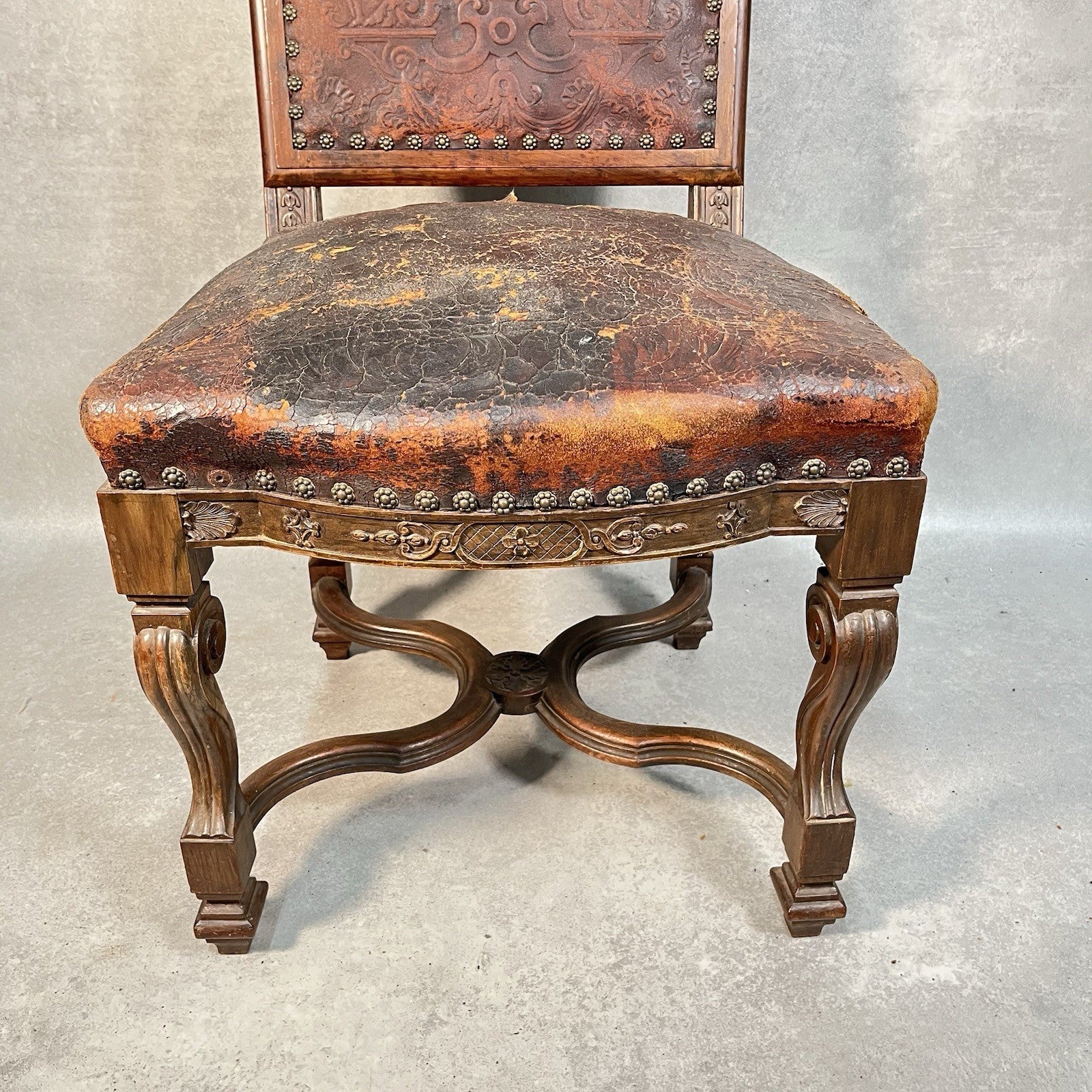 Antique Victorian Renaissance Revival Oak Hall Chair c.1880s Tooled Leather Seat