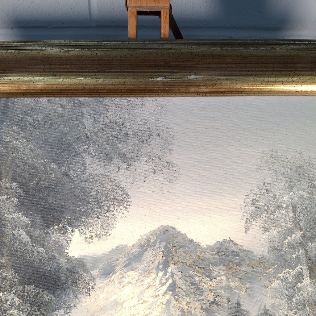 Painting Moody Winter Landscape Woodland Mountain Oil On Canvas Signed Louise