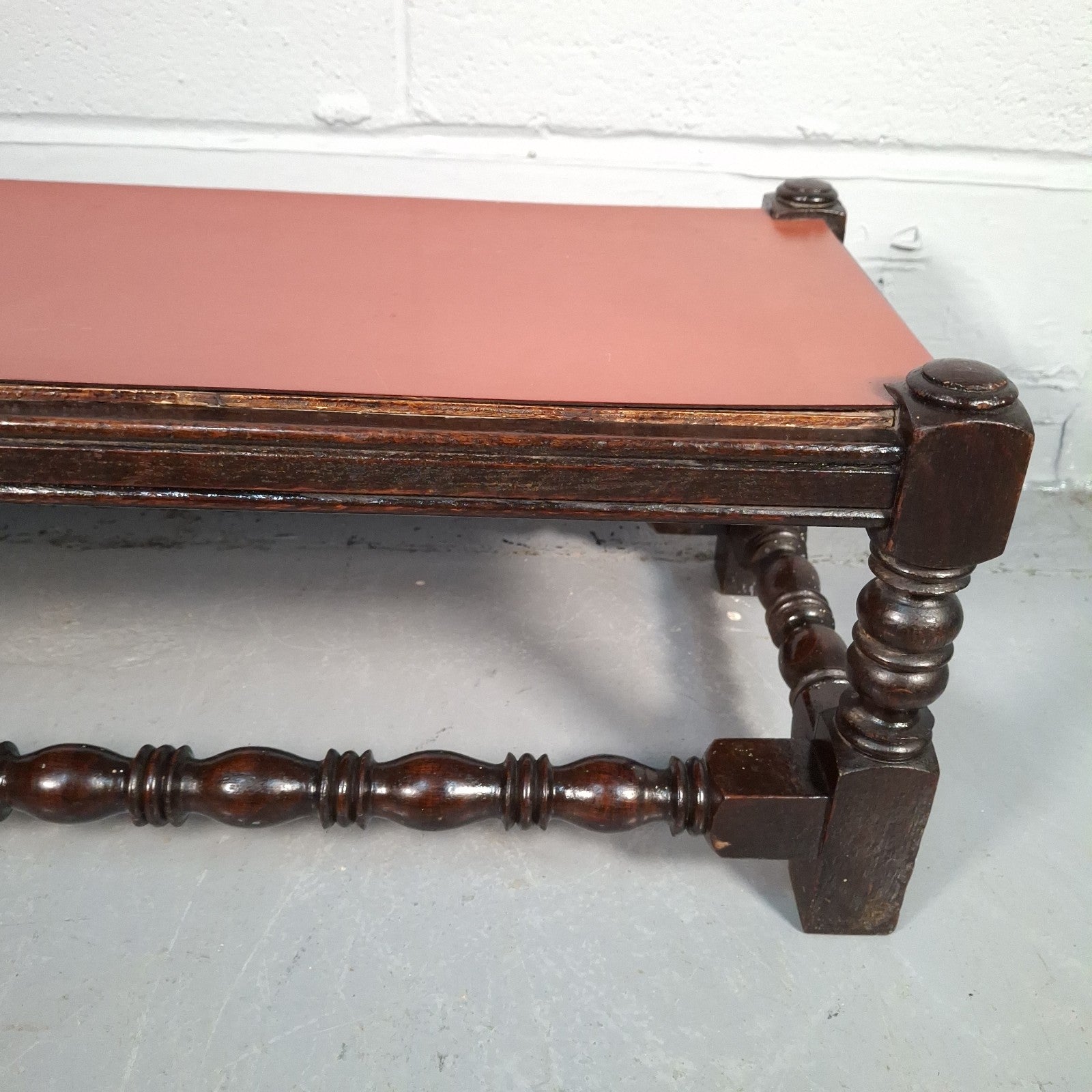 Antique Victorian Mahogany Footstool Plant Stand Turned Wood Small Table Red Top