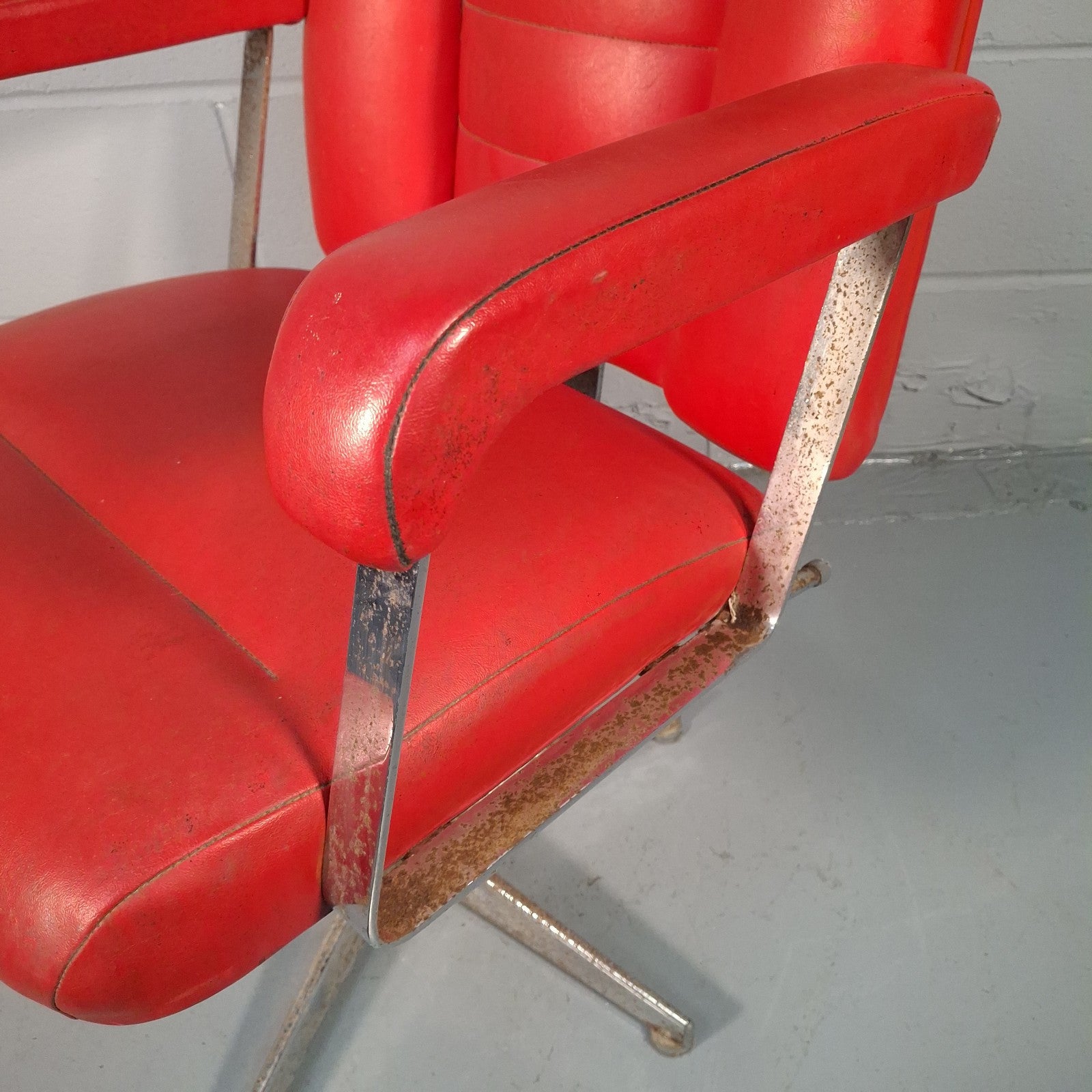 Vintage Red Vinyl Swivel Armchair | Barber Salon Style | Used | Restoration Project