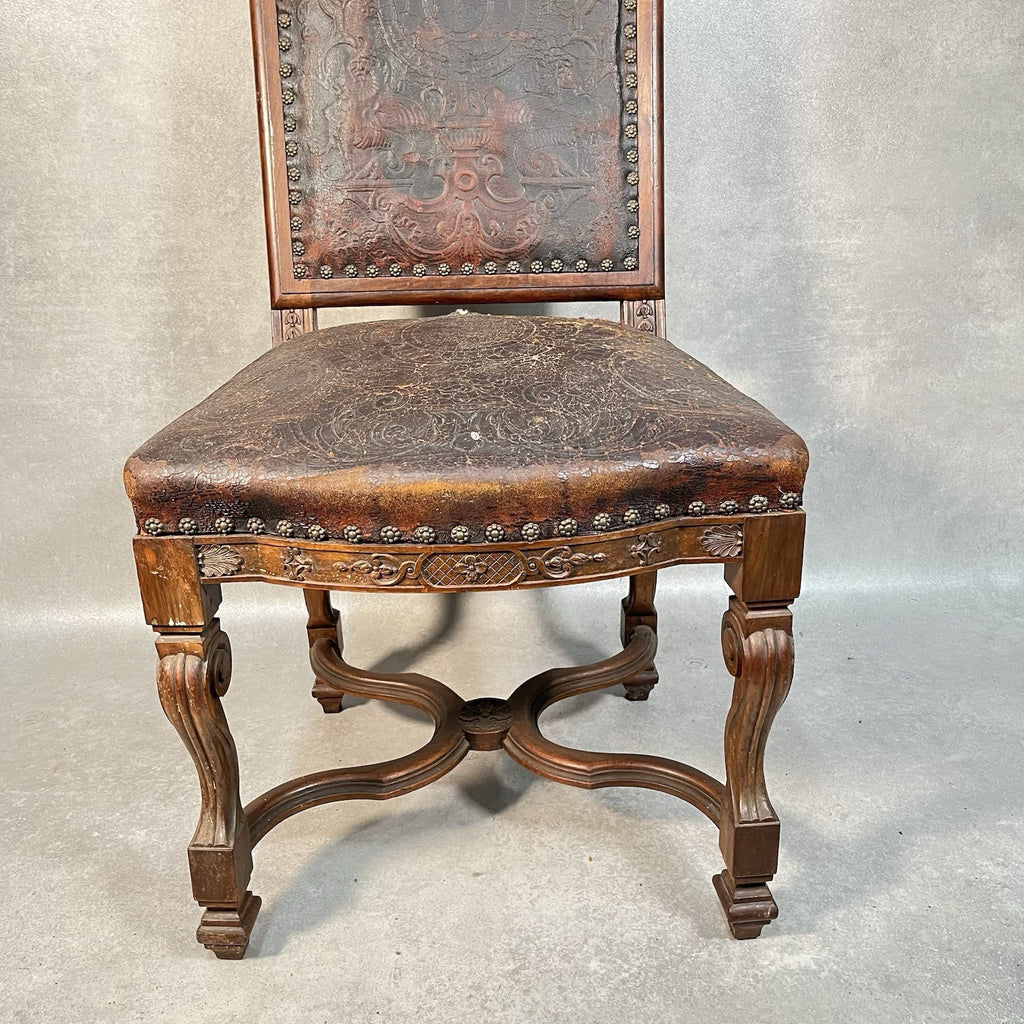 Antique Victorian Renaissance Revival Oak Hall Chair c.1880s Tooled Leather Seat