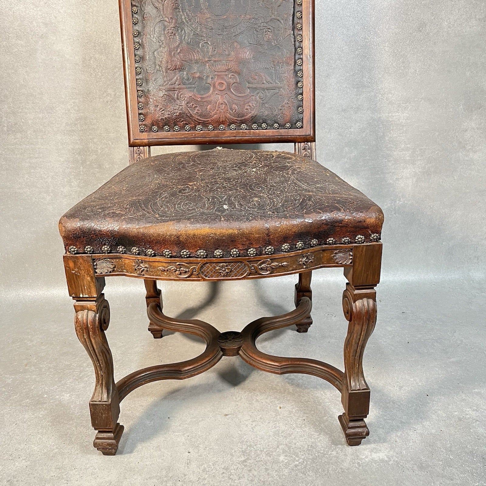 Antique Victorian Renaissance Revival Oak Hall Chair c.1880s Tooled Leather Seat