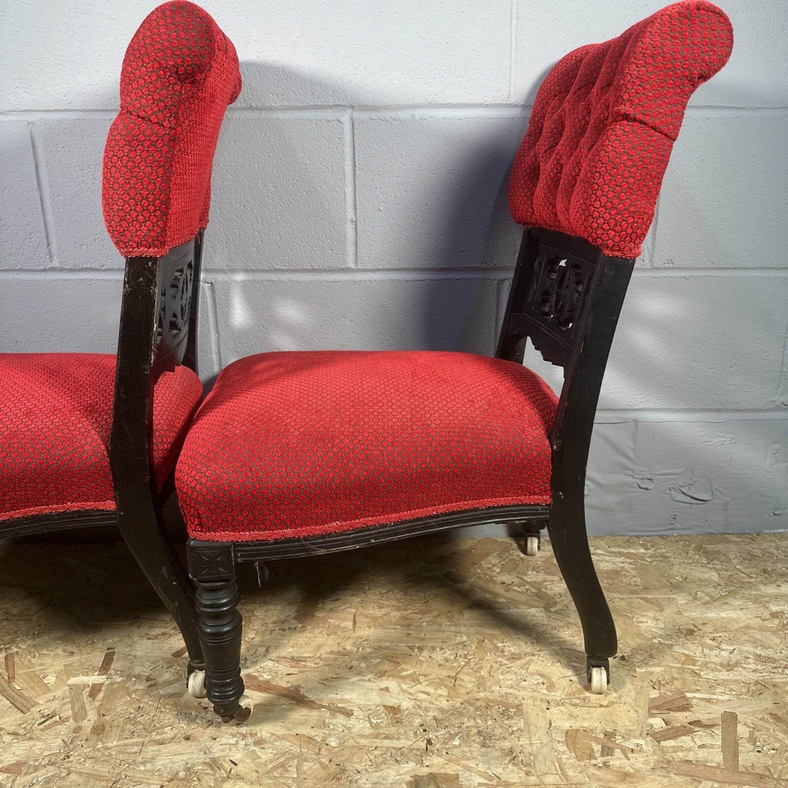 Pair of Antique Carved Nursing Chairs | Black Painted | Red Upholstery | Castors