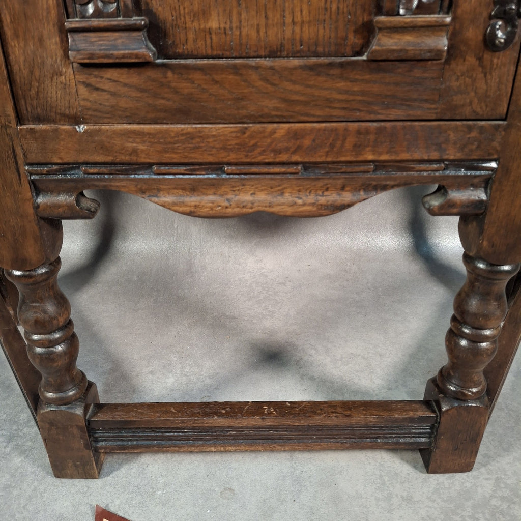 Old Charm Wood Bros Oak Hall Stand Cabinet – Carved Tudor Style Side Cupboard