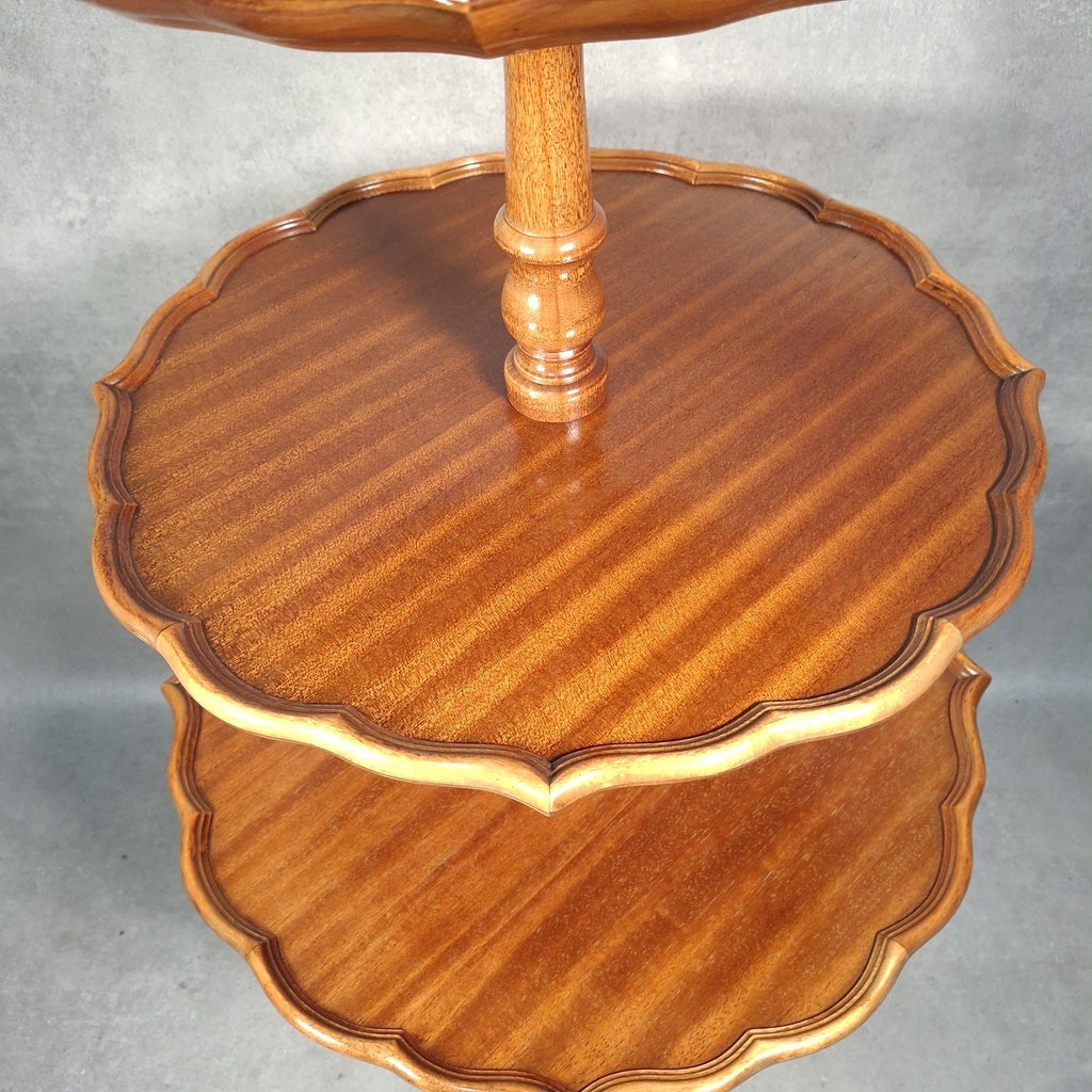Vintage Reproduction Dumb Waiter Tiered Occasional Table | Solid Wood | Brass Lion Paw Feet | Used