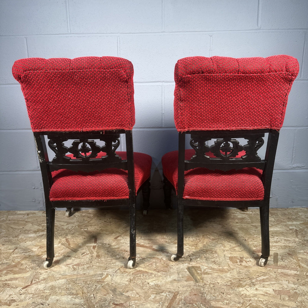 Pair of Antique Carved Nursing Chairs | Black Painted | Red Upholstery | Castors