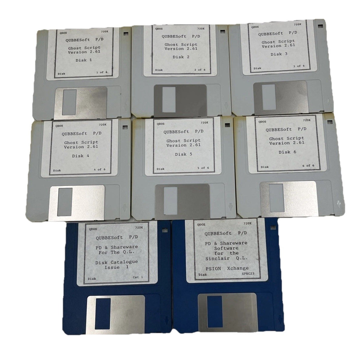 QUBBESoft Sinclair QL Floppy Disk Set - Ghost Script v2.61 (6 Disks) + PSION Xchange + PD Catalogue - QDOS 720K - Used