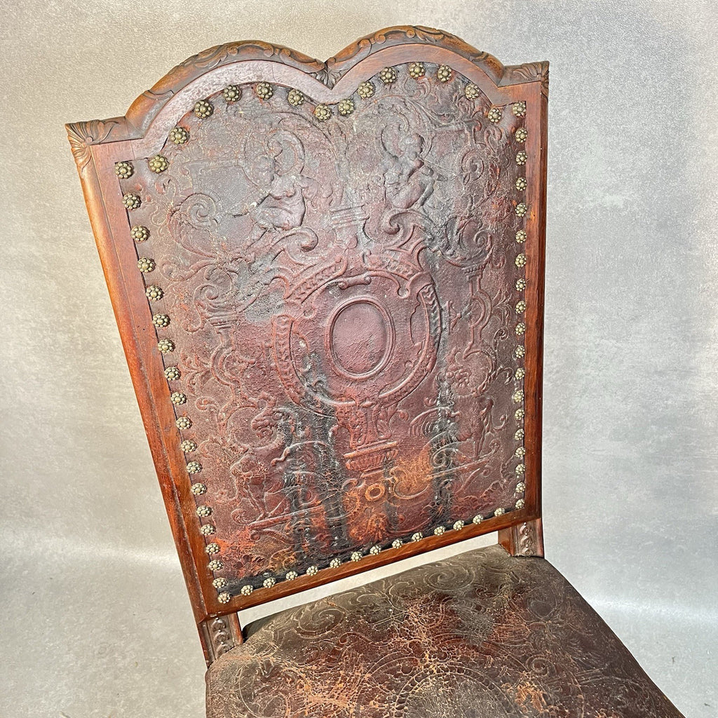 Antique Victorian Renaissance Revival Oak Hall Chair c.1880s Tooled Leather Seat