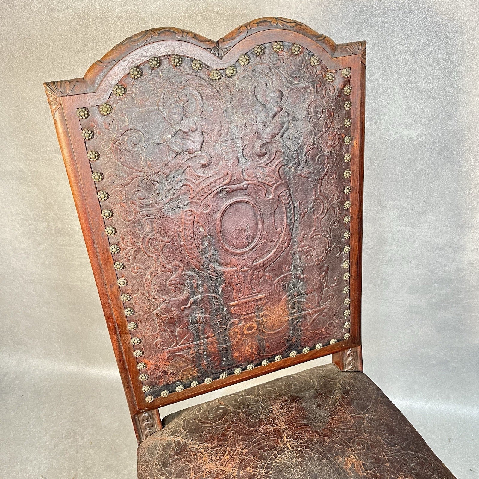 Antique Victorian Renaissance Revival Oak Hall Chair c.1880s Tooled Leather Seat