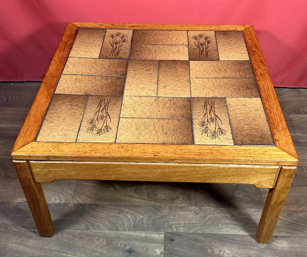 Vintage Danish Mid-Century Coffee Table | Square Teak Frame with Floral Tiled Top