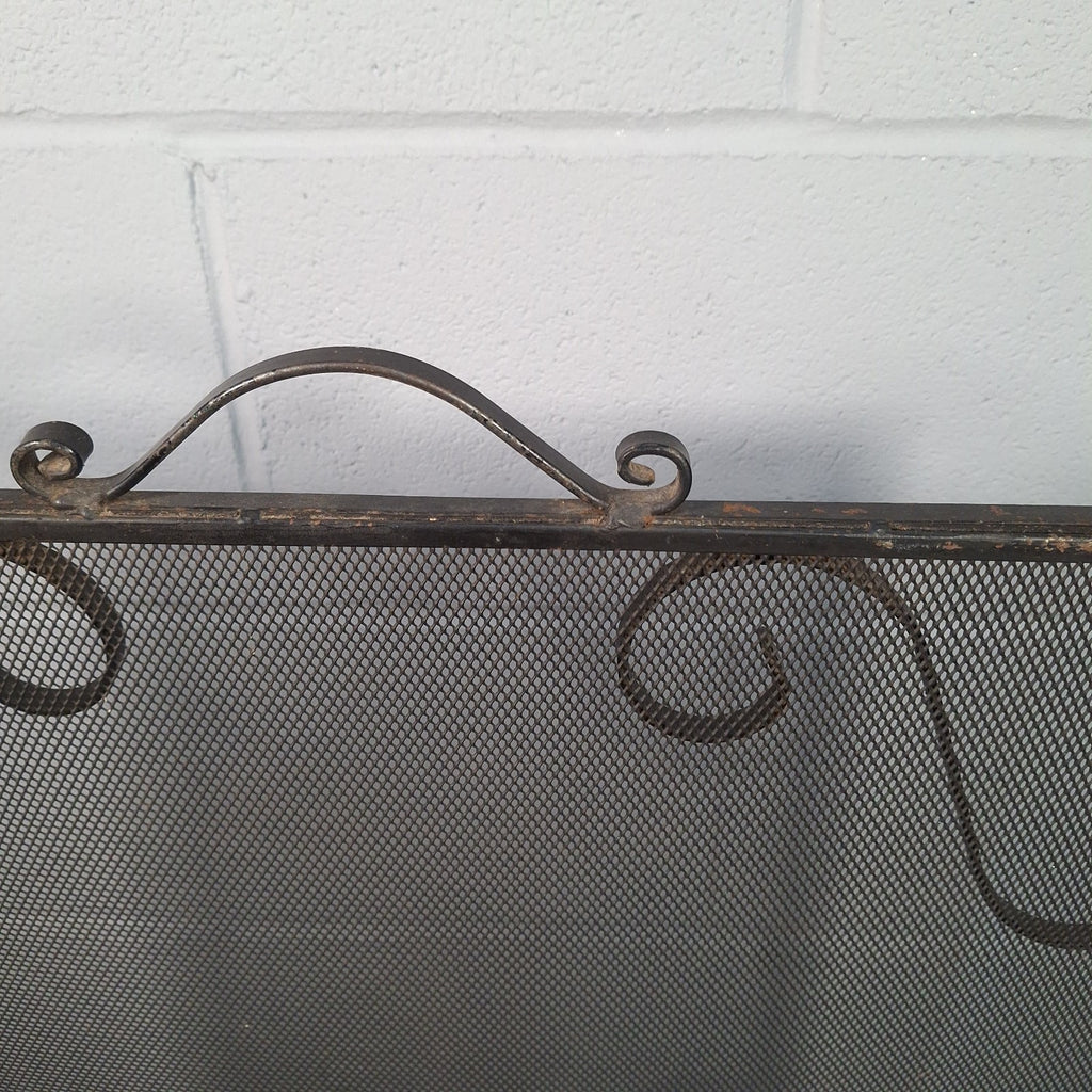 Vintage Wrought Iron Fire Spark Guard Screen with Scroll Decoration – Dark Bronze, 63cm x 58cm | Used