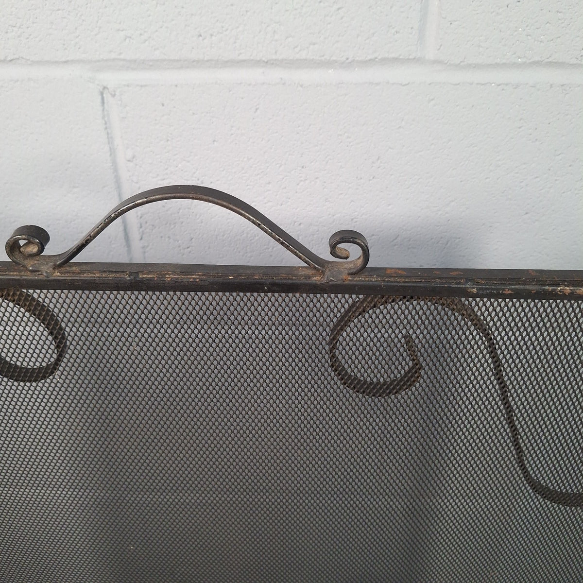 Vintage Wrought Iron Fire Spark Guard Screen with Scroll Decoration – Dark Bronze, 63cm x 58cm | Used