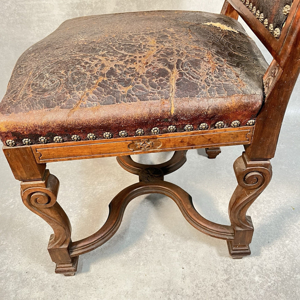 Antique Victorian Renaissance Revival Oak Hall Chair c.1880s Tooled Leather Seat