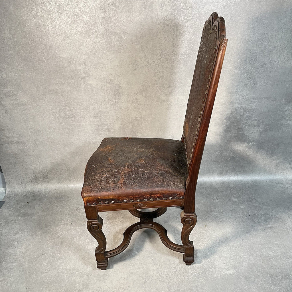 Antique Victorian Renaissance Revival Oak Hall Chair c.1880s Tooled Leather Seat