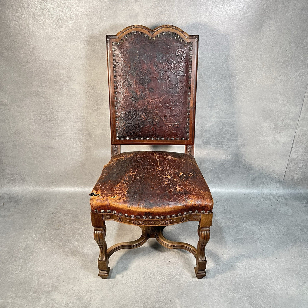Antique Victorian Renaissance Revival Oak Hall Chair c.1880s Tooled Leather Seat