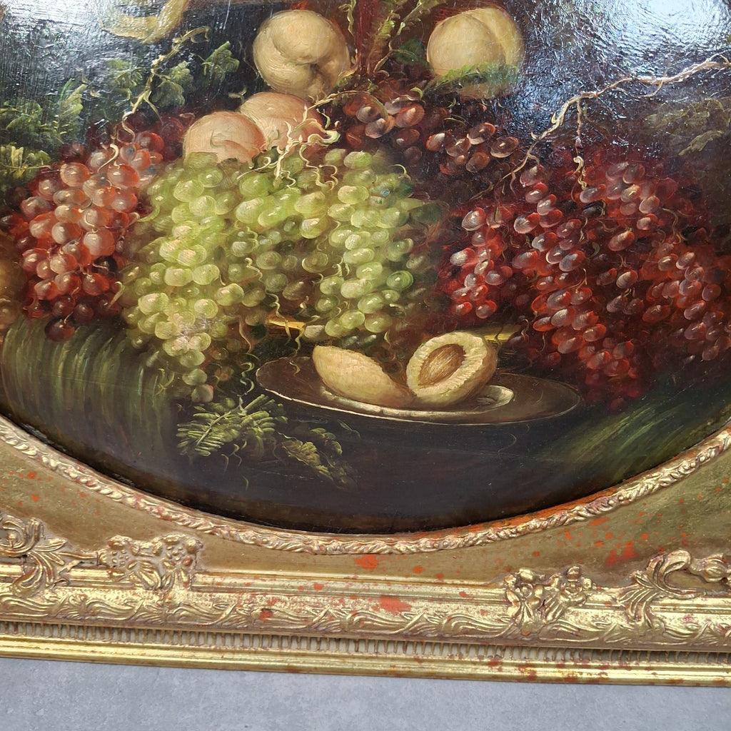 Vintage Continental Still Life Oil Painting | Grapes & Plums | Oval Convex Gilt Frame | Mid-20thC