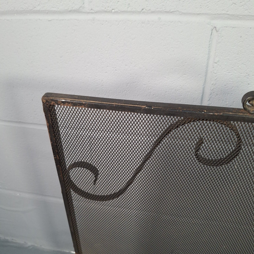 Vintage Wrought Iron Fire Spark Guard Screen with Scroll Decoration – Dark Bronze, 63cm x 58cm | Used