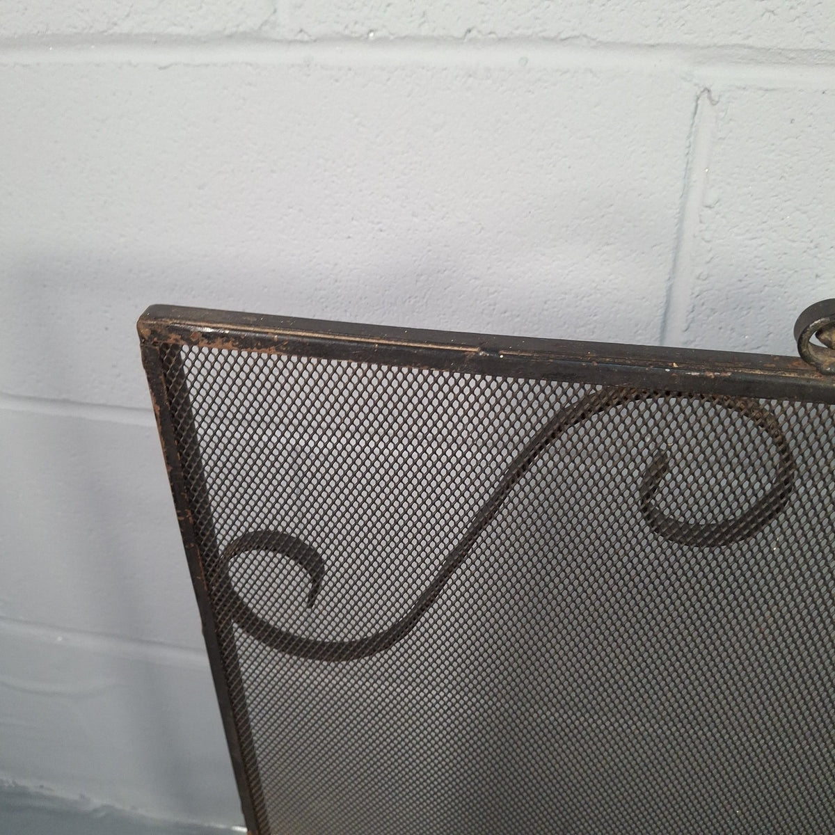 Vintage Wrought Iron Fire Spark Guard Screen with Scroll Decoration – Dark Bronze, 63cm x 58cm | Used