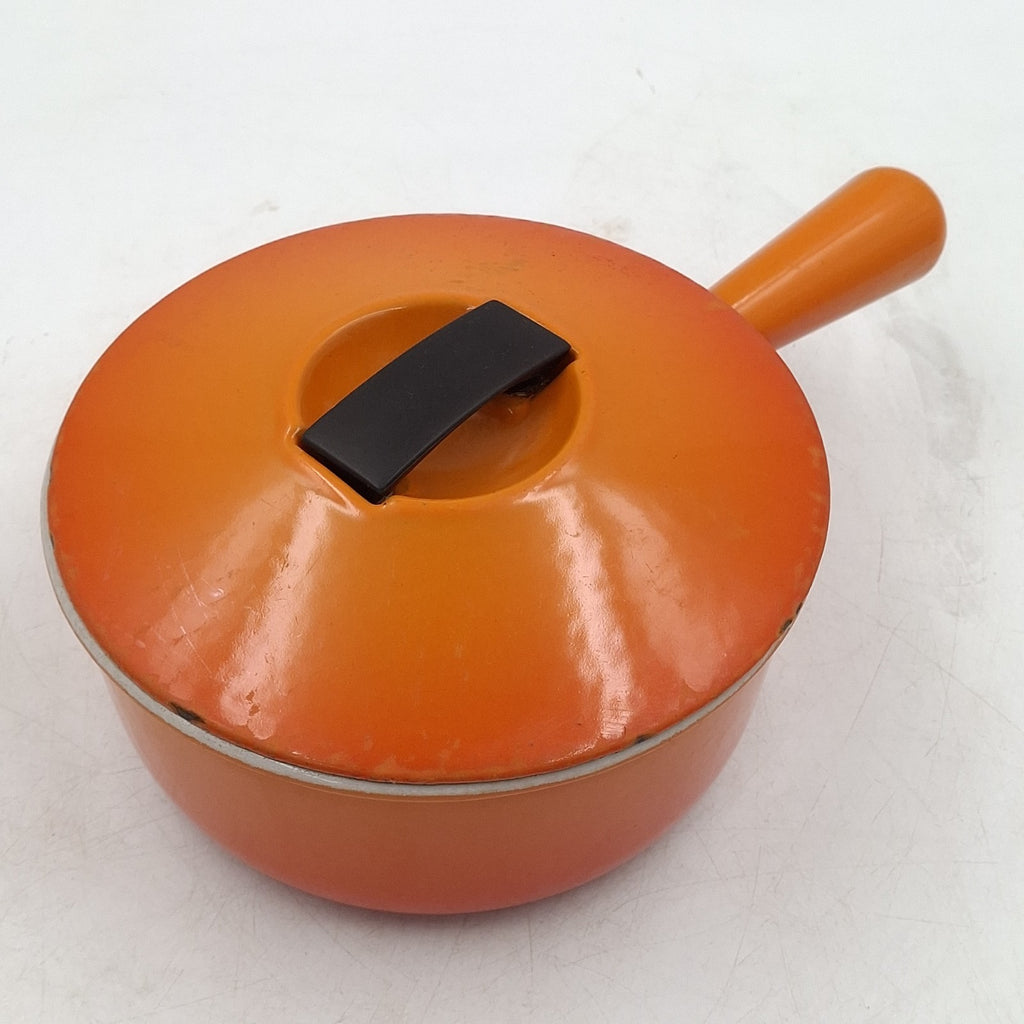 Vintage Cousances 18 Cast Iron Saucepan with Lid - Orange Enamel - Made in France - Used