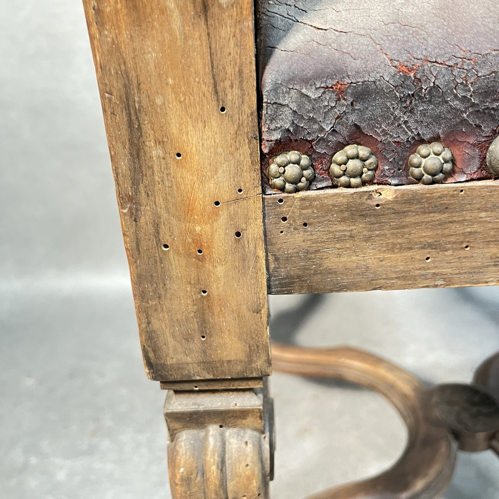 Antique Victorian Renaissance Revival Oak Hall Chair | Tooled Leather Seat & Back | c.1880s | Used
