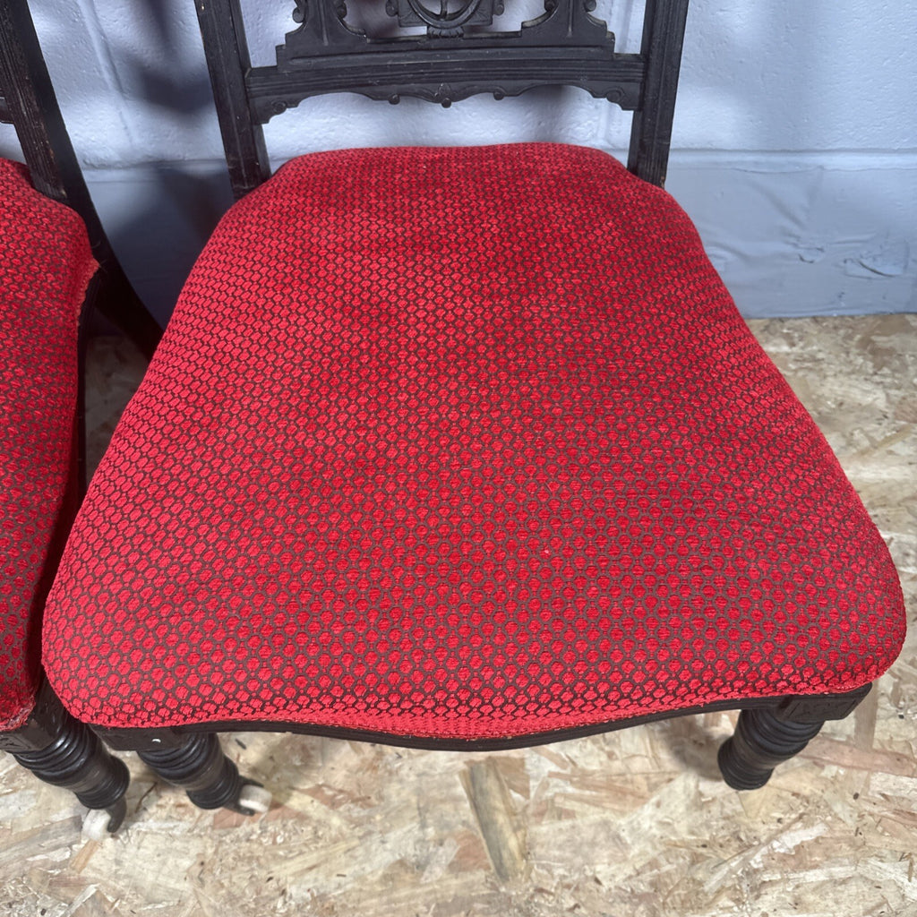 Pair of Antique Carved Nursing Chairs | Black Painted | Red Upholstery | Castors