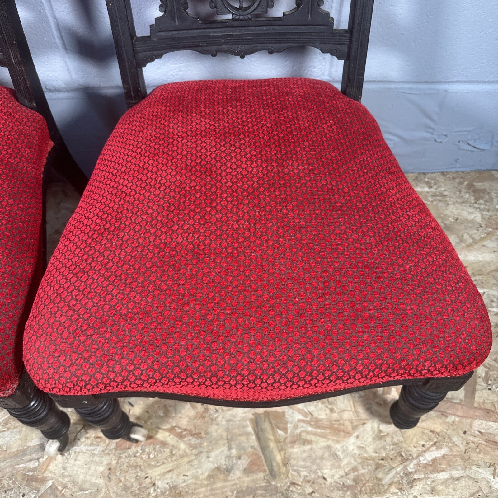 Pair of Antique Carved Nursing Chairs | Black Painted | Red Upholstery | Castors