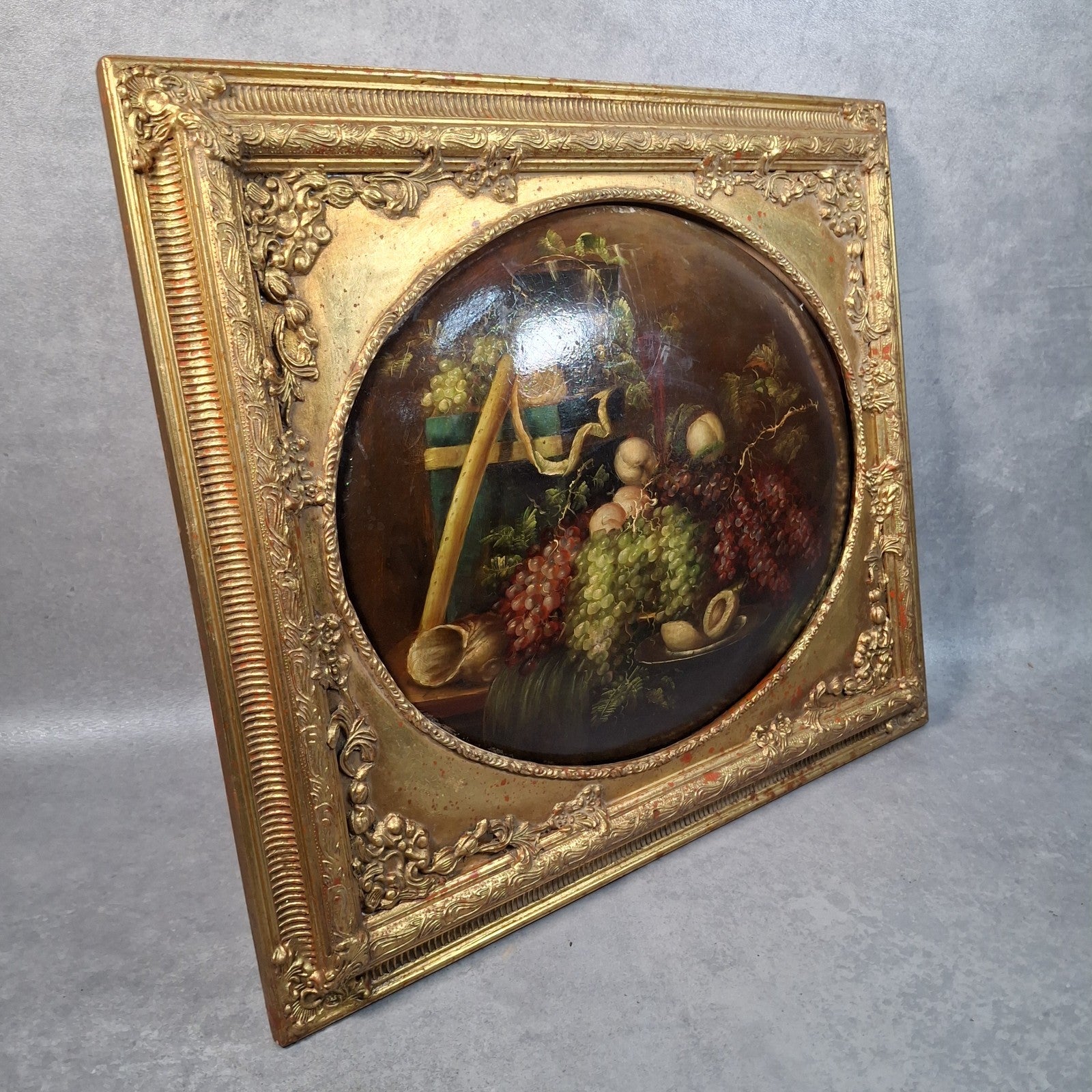 Vintage Continental Still Life Oil Painting | Grapes & Plums | Oval Convex Gilt Frame | Mid-20thC