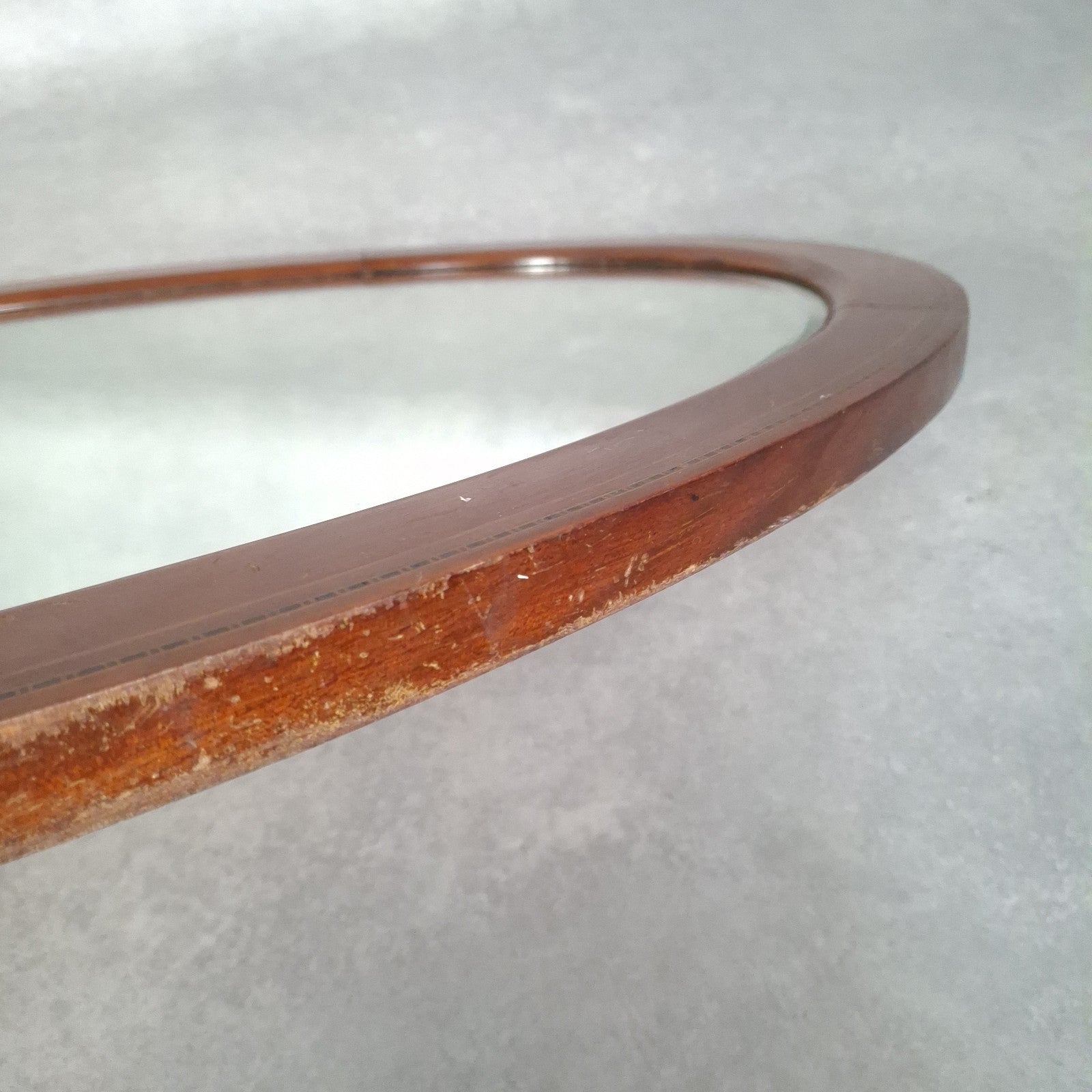 Antique Edwardian Oval Bevelled Wall Mirror | Inlaid Mahogany Frame | c.1900s | 85cm | Used