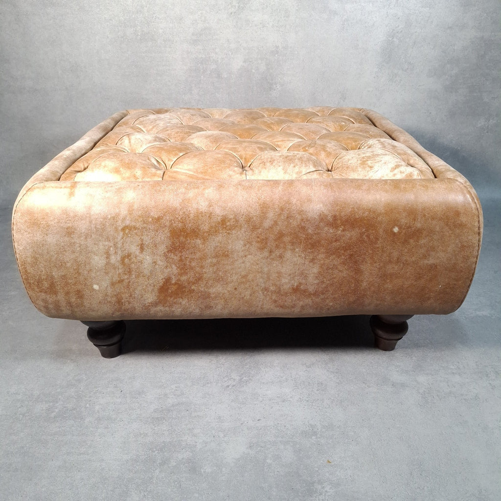 Large Square Tan Leather Chesterfield-Style Footstool | Button Top | Rustic | Used | 72cm
