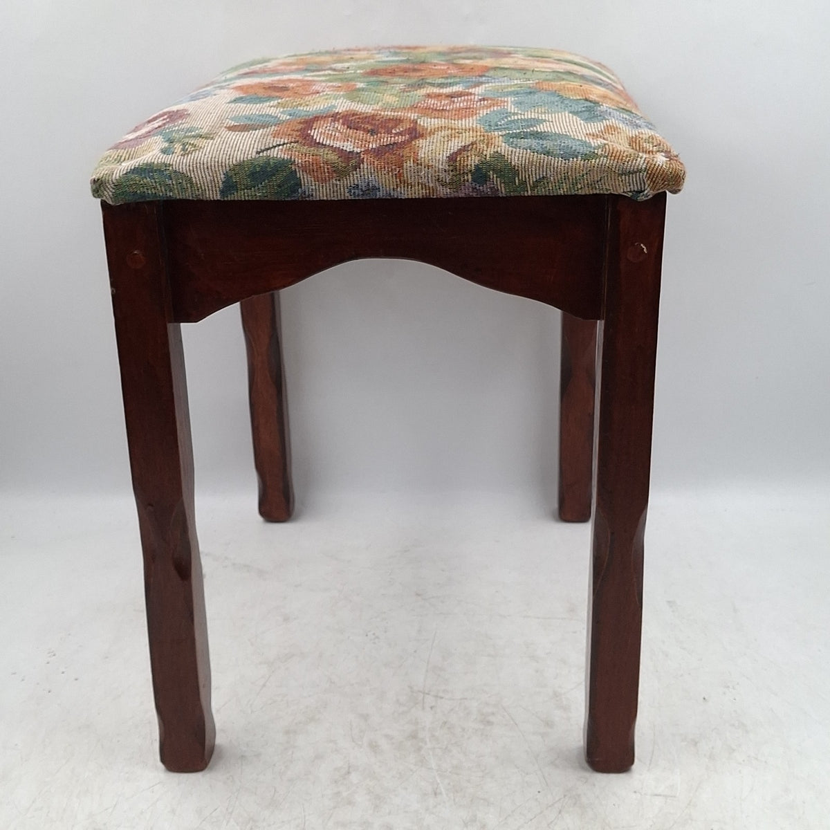 Floral Tapestry Upholstered Mahogany Footstool - Queen Anne Style - Cabriole Legs - Vintage - Pre-Owned