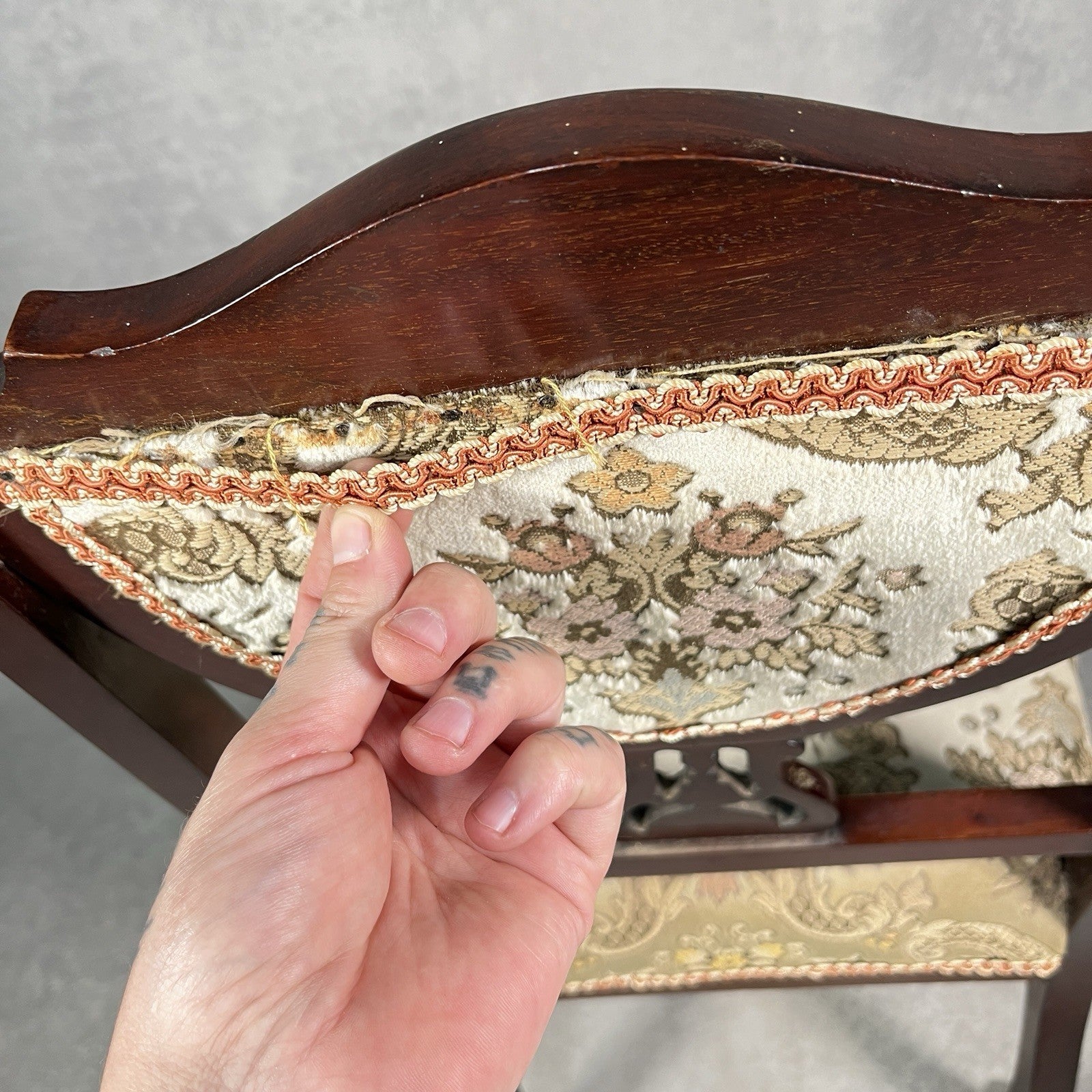 Edwardian Inlaid Mahogany Bedroom Chair | Satinwood Fan Motif | Floral Upholstery | Castors | c.1900 | Used