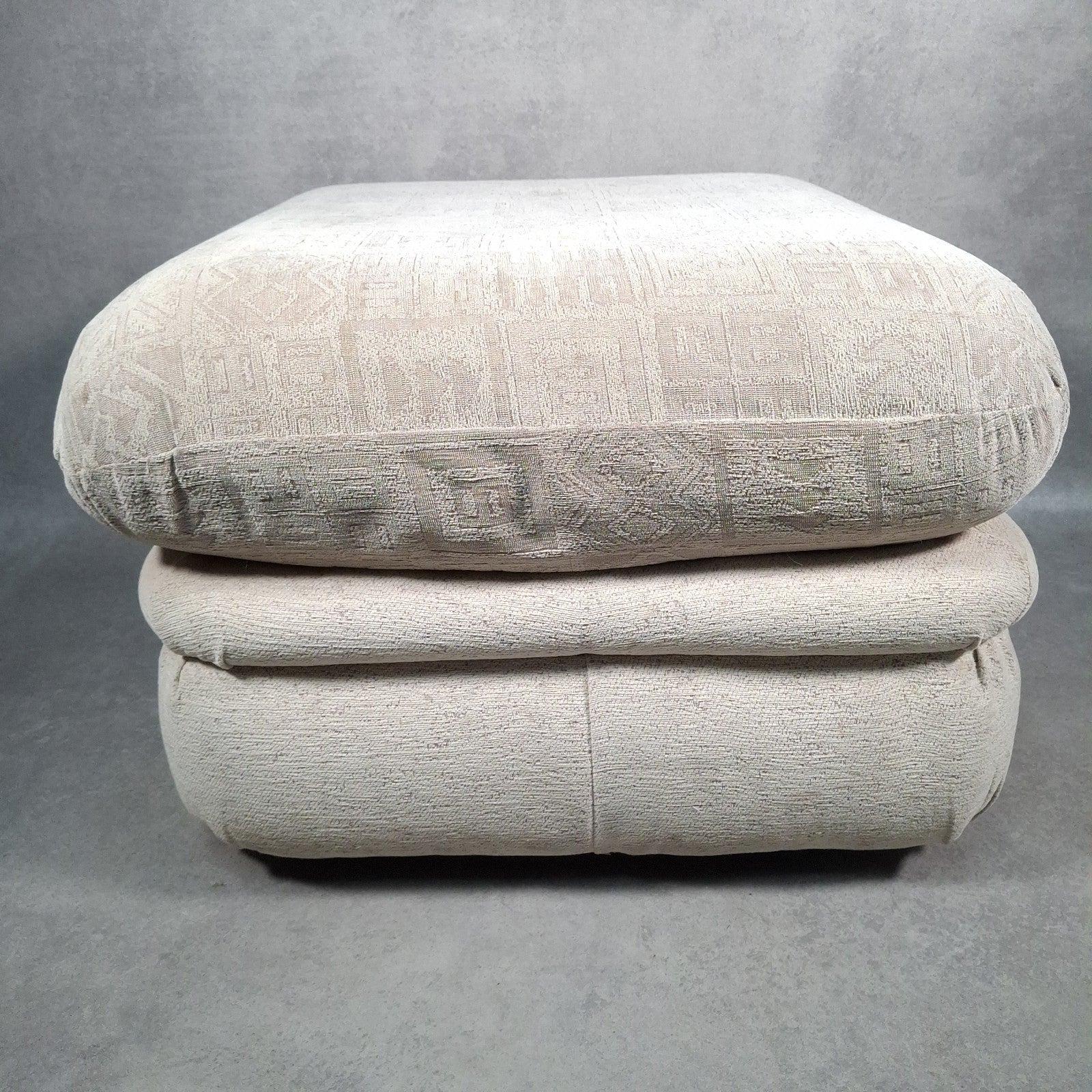 Footstool Pouffe Ottoman Geometric Pattern Fabric 80s 90s Upholstered VTG Beige