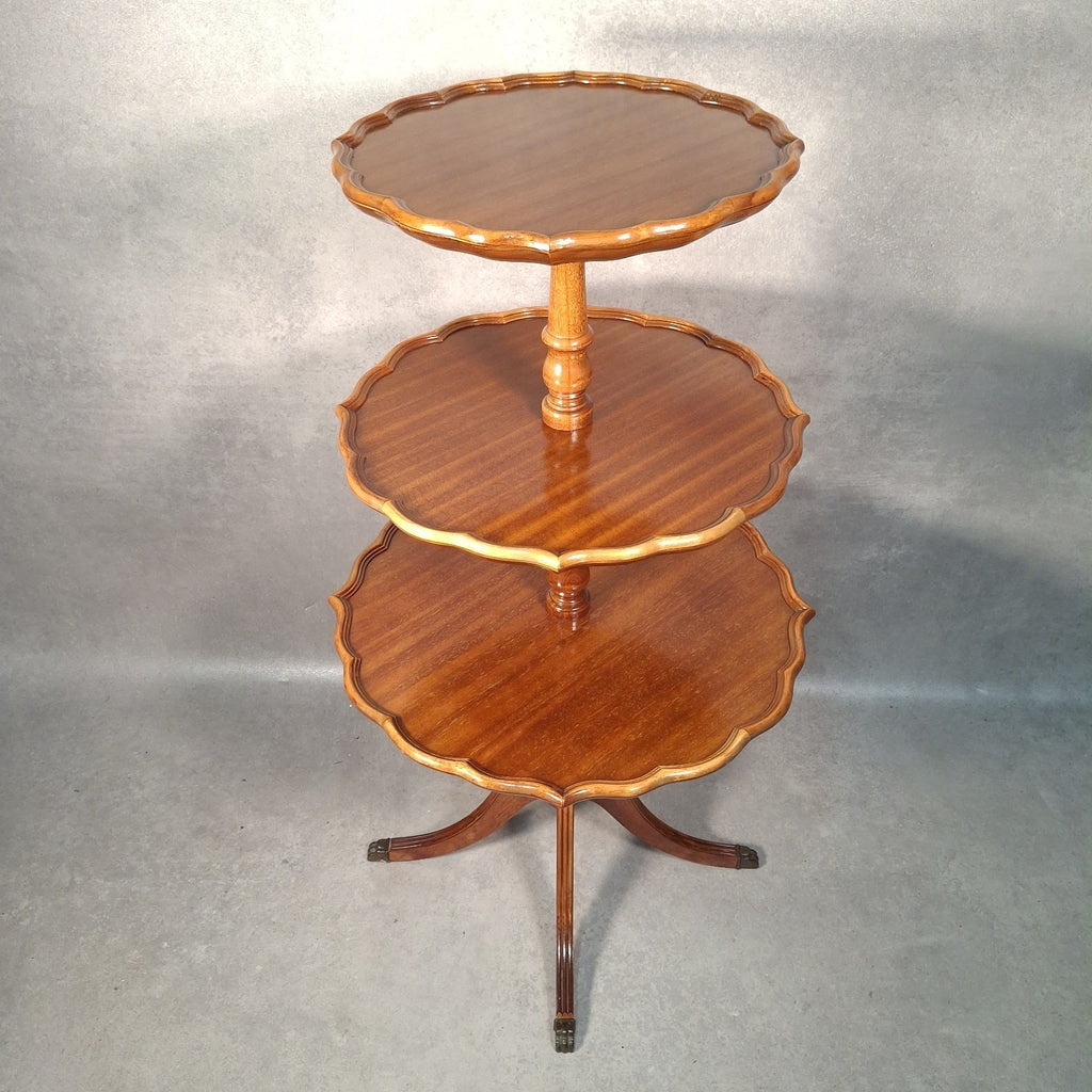 Vintage Reproduction Dumb Waiter Tiered Occasional Table | Solid Wood | Brass Lion Paw Feet | Used