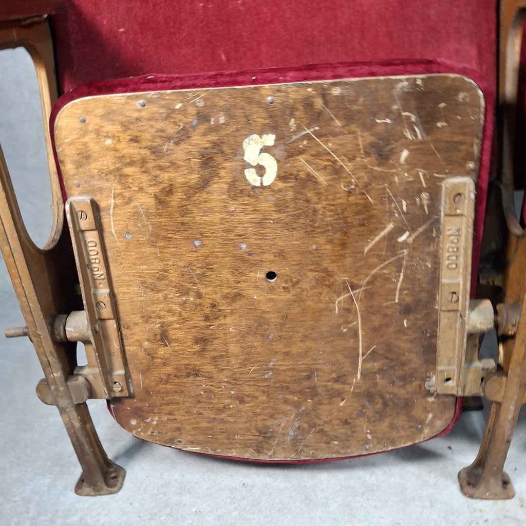 Art Deco Vintage Twin Cinema Theatre Fold-Up Seats | Red Fabric | Original Row Numbers