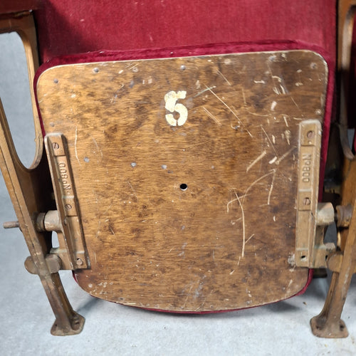 Art Deco Vintage Twin Cinema Theatre Fold-Up Seats | Red Fabric | Original Row Numbers