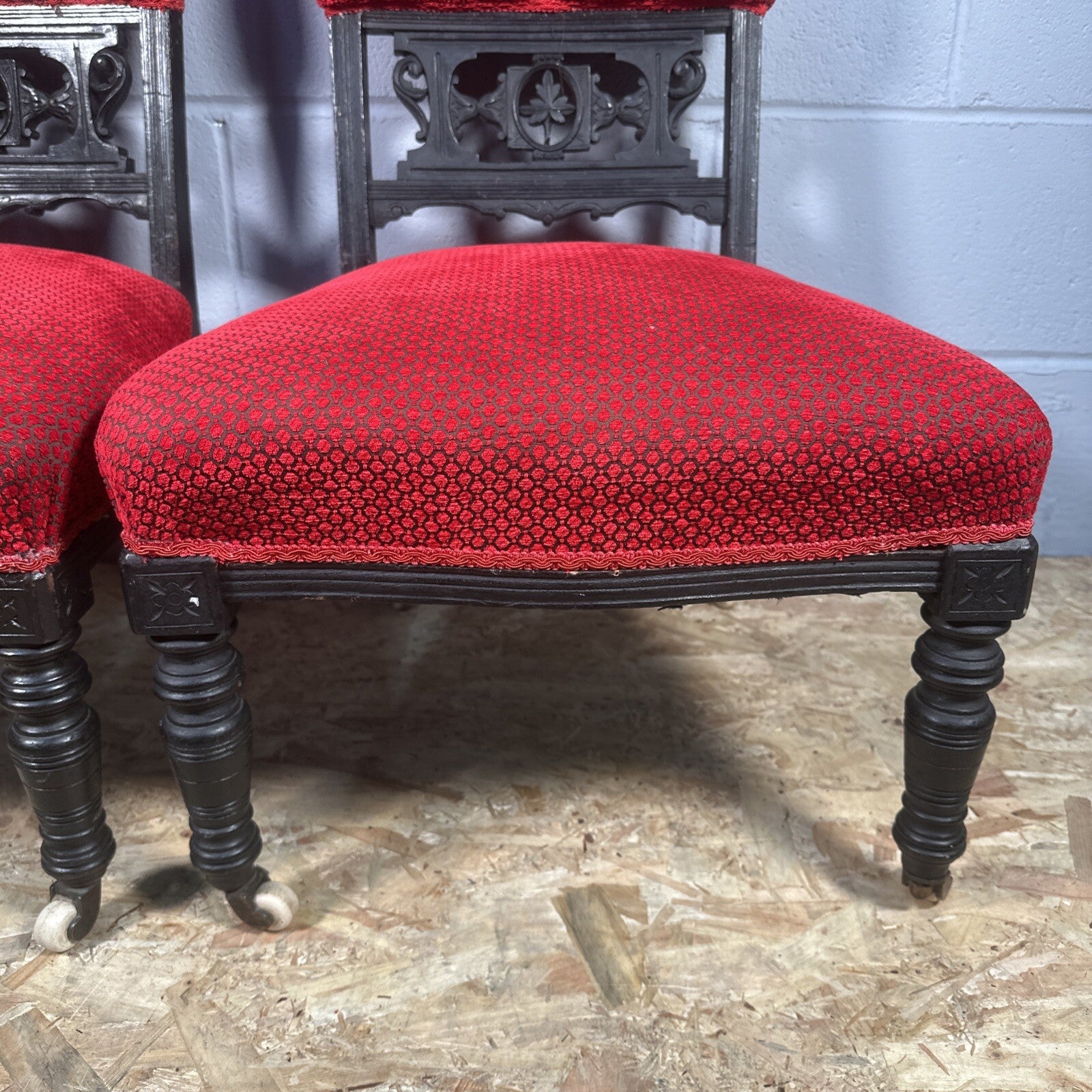 Pair of Antique Carved Nursing Chairs | Black Painted | Red Upholstery | Castors